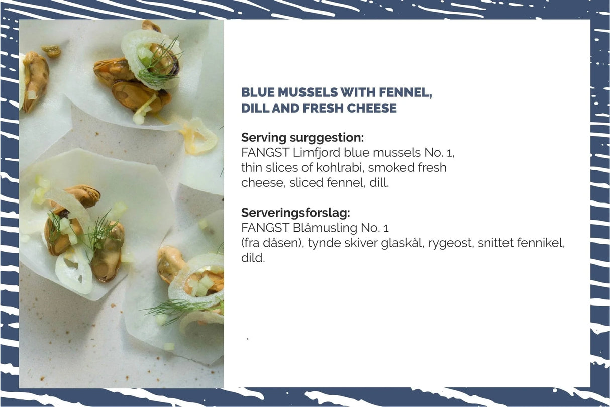 Recipe for Fangst Limfjord Blue Mussels in Dill & Fennel on a white background.