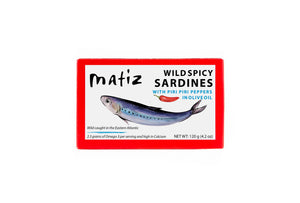 Box of Matiz Wild Spicy Sardines with Piri Piri Peppers on a white background