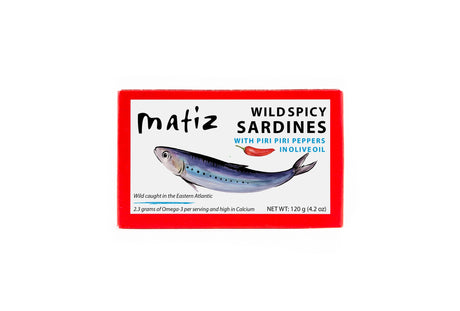 Box of Matiz Wild Spicy Sardines with Piri Piri Peppers on a white background