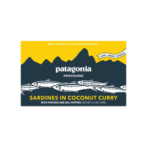 Patagonia Provisions Sardines in Coconut Curry Sauce tinned fish packaging on a neutral background.