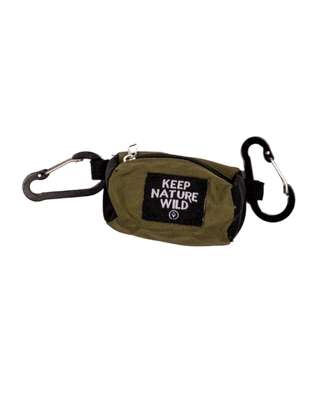 Keep Nature Wild Recycled Dog Bag Dispenser is made from recycled nylon, features carabiner attachments, and is available in olive.