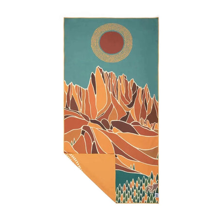 Trek Light Alpenglow Wander towel is made from recycled plastic bottles and features an abstract depiction of the mountains and sun.