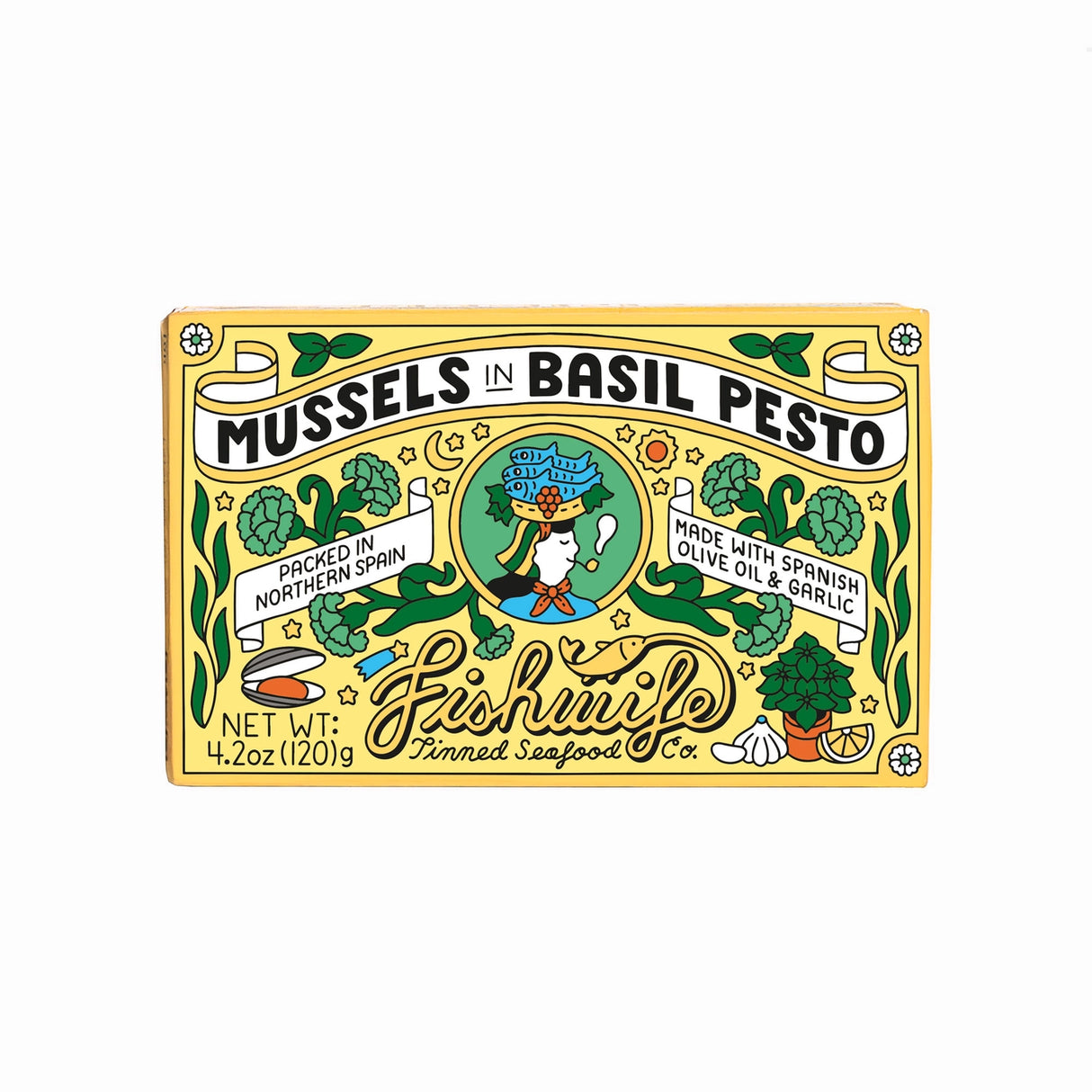 Packaging of Fishwife Mussels in Basil Pesto with decorative design and text.