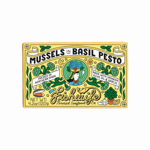 Packaging of Fishwife Mussels in Basil Pesto with decorative design and text.