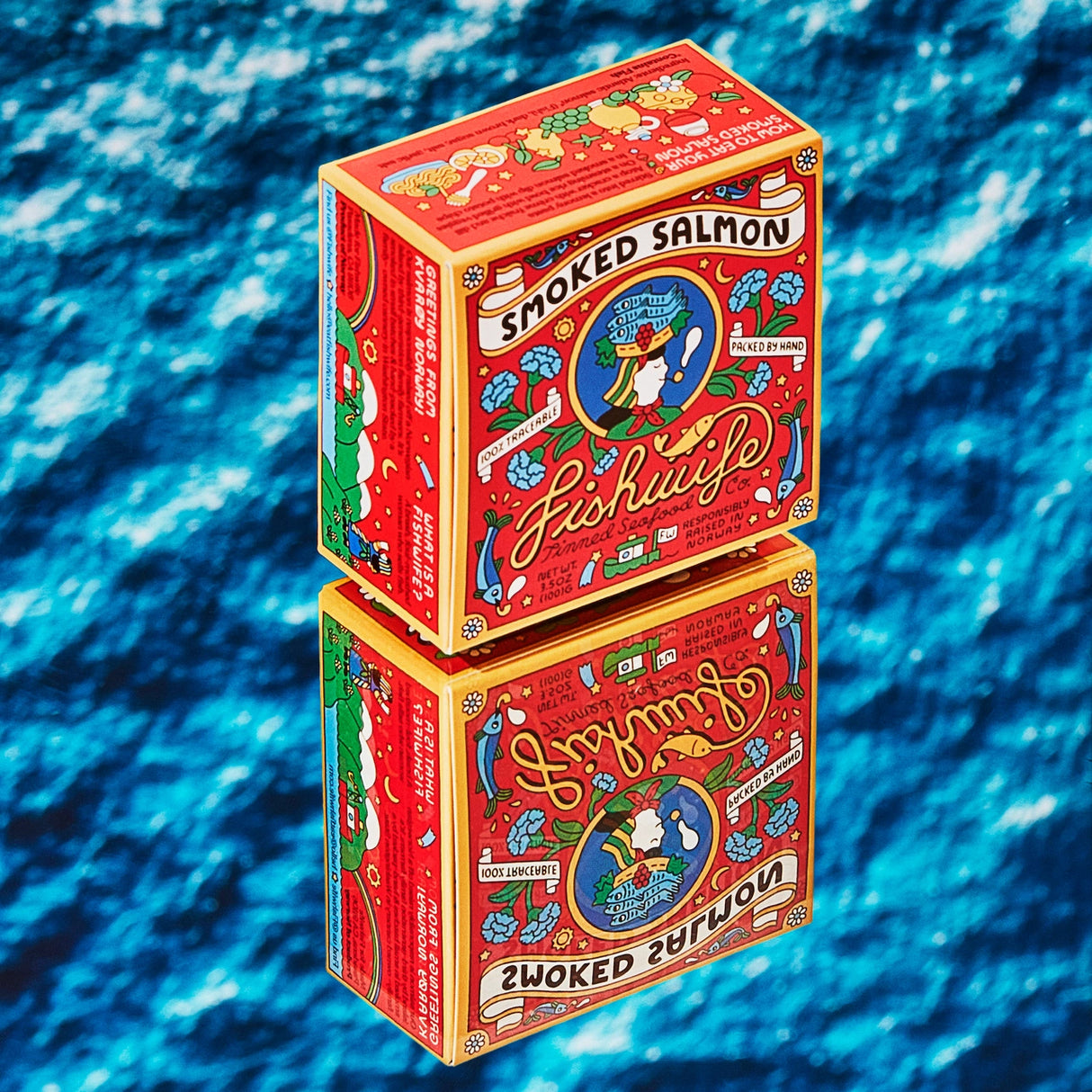 Fishwife Smoked Atlantic Salmon tinned fish packaging on a bold background.