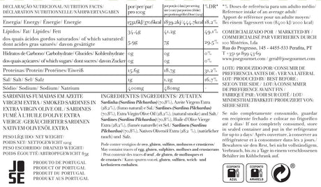 Nutritional facts label and ingredients list for Jose Gourmet Smoked Sardines in Extra Virgin Olive Oil