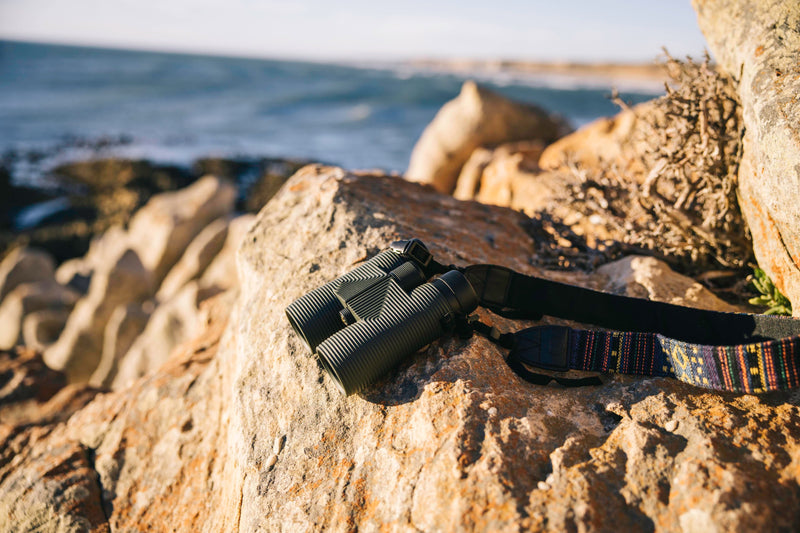 Nocs Provisions Pro Issue 8X Waterproof Binoculars in Alpine Green on a rocky ocean cliff.