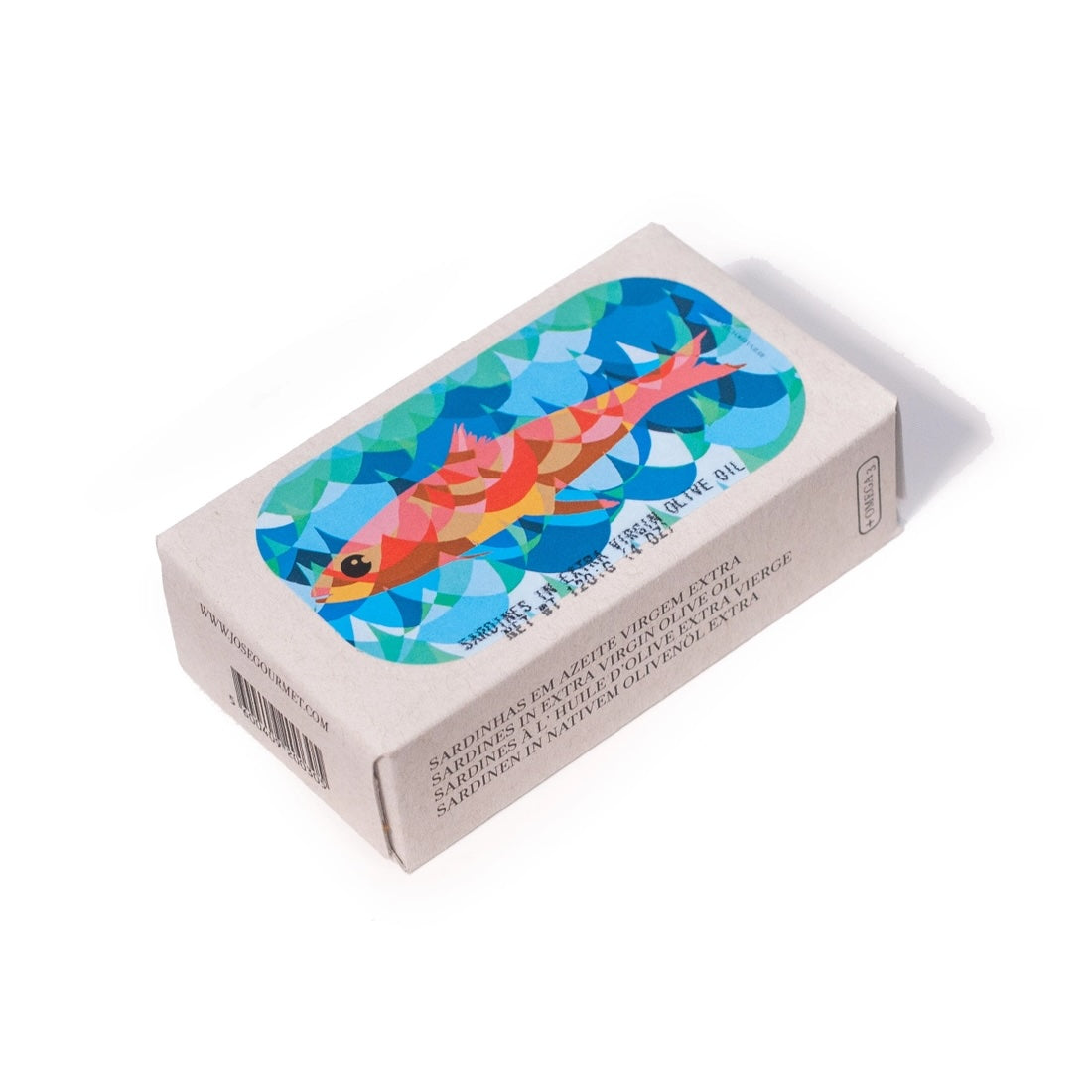 Jose Gourmet Sardines in Extra Virgin Olive Oil with a colorful fish design on a white background