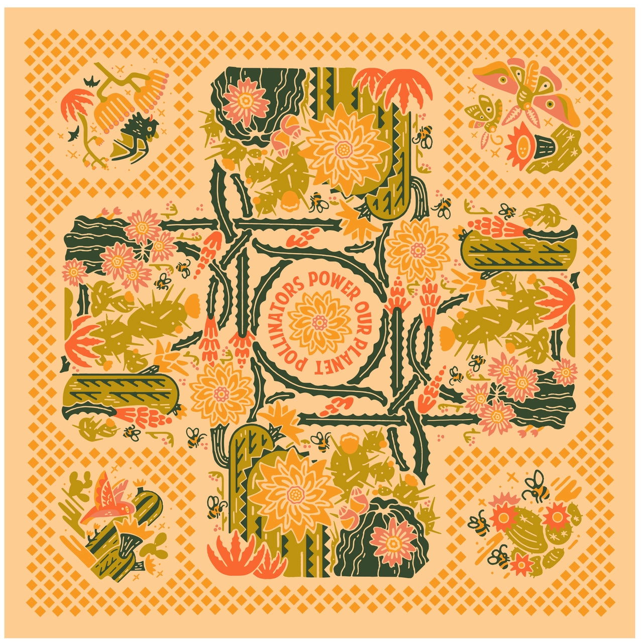 Bandits Bandana Prickly Pollinators bandana on a neutral background.