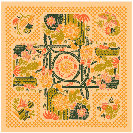 Bandits Bandana Prickly Pollinators bandana on a neutral background.