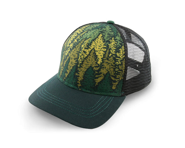 Alpinecho Into The Forest Trucker Hat with a forest design and viewed from the front.