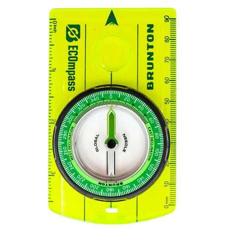 Brunton scout compass in recycled acrylic with imperial and metric rulers on either side.