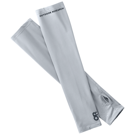 Outdoor Research ActiveIce Sun Sleeves in Titanium Grey on a neutral background.