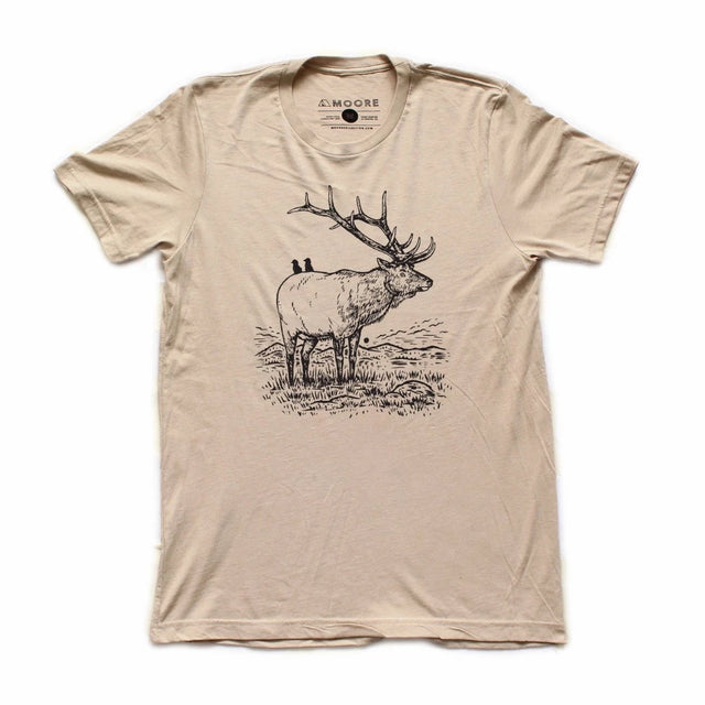 Moore sustainable and ethically made t-shirt in tan with a screen printed elk in black water-based ink.