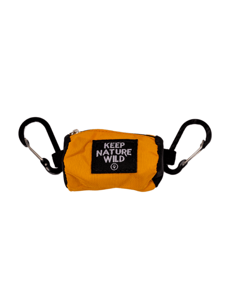 Keep Nature Wild Recycled Dog Bag Dispenser is made from recycled nylon, features carabiner attachments, and is available in marigold.
