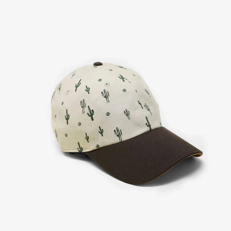 Stylish, neutral colored hat printed with small, green cacti made from sustainable materials, showcasing eco-friendly fashion.