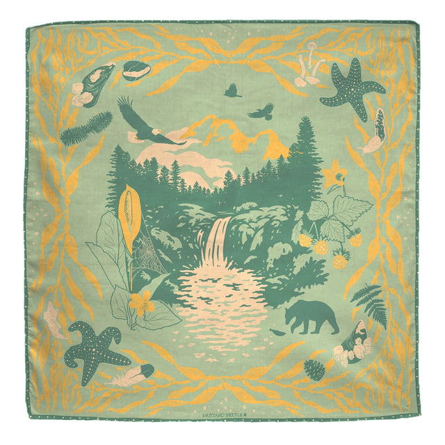 Mustard Beetle Pacific Northwest bandana on a neutral background.