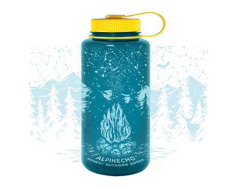 Wrap around design featuring a campfire, constellations, mountains, trees, and a deer stopping by to see who's in his woods.