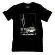 Moore sustainable and ethically made t-shirt in black with a white discharge ink depicting a desert cruiser in the desert at night.