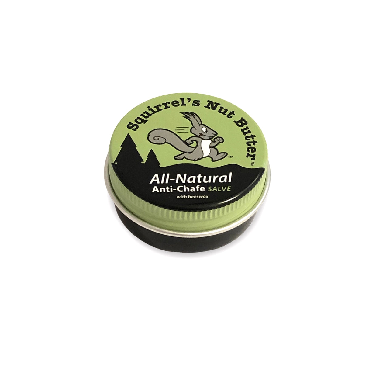 Squirrel's Nut Butter Anti-Chafe tin with logo on a neutral background.