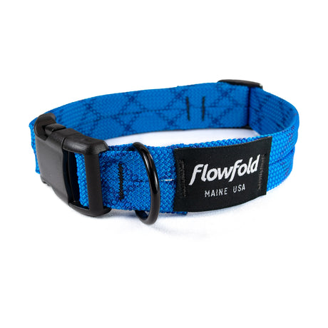 Flowfold Recycled Climbing Rope Dog Collar made in the USA on a neutral background.