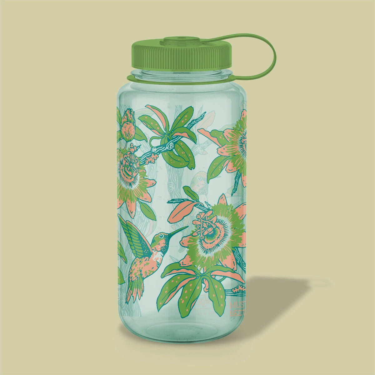 Mustard Beetle Hummingbirds Nalgene 32oz water bottle on a neutral background.