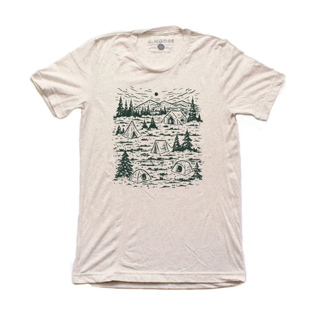 Moore sustainable and ethically made t-shirt in oatmeal with a dark green screen print of a campground.