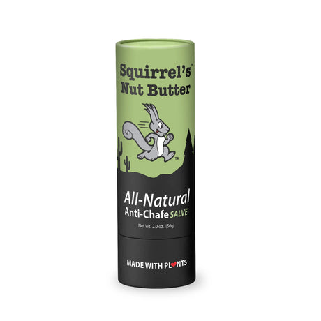 Squirrel's Nut Butter Anti-Chafe balm in an eco-friendly compostable tube with brand logo, emphasizing sustainable packaging.