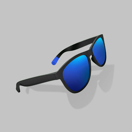 Cape Clasp Tikos recycled plastic sunglasses in a black frame with blue polarized lenses.