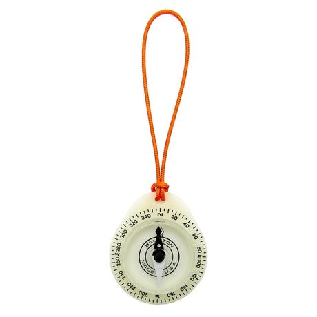 Brunton Tag-Along 9041 Glow Compass features a glow in the dark design and orange cord lanyard.