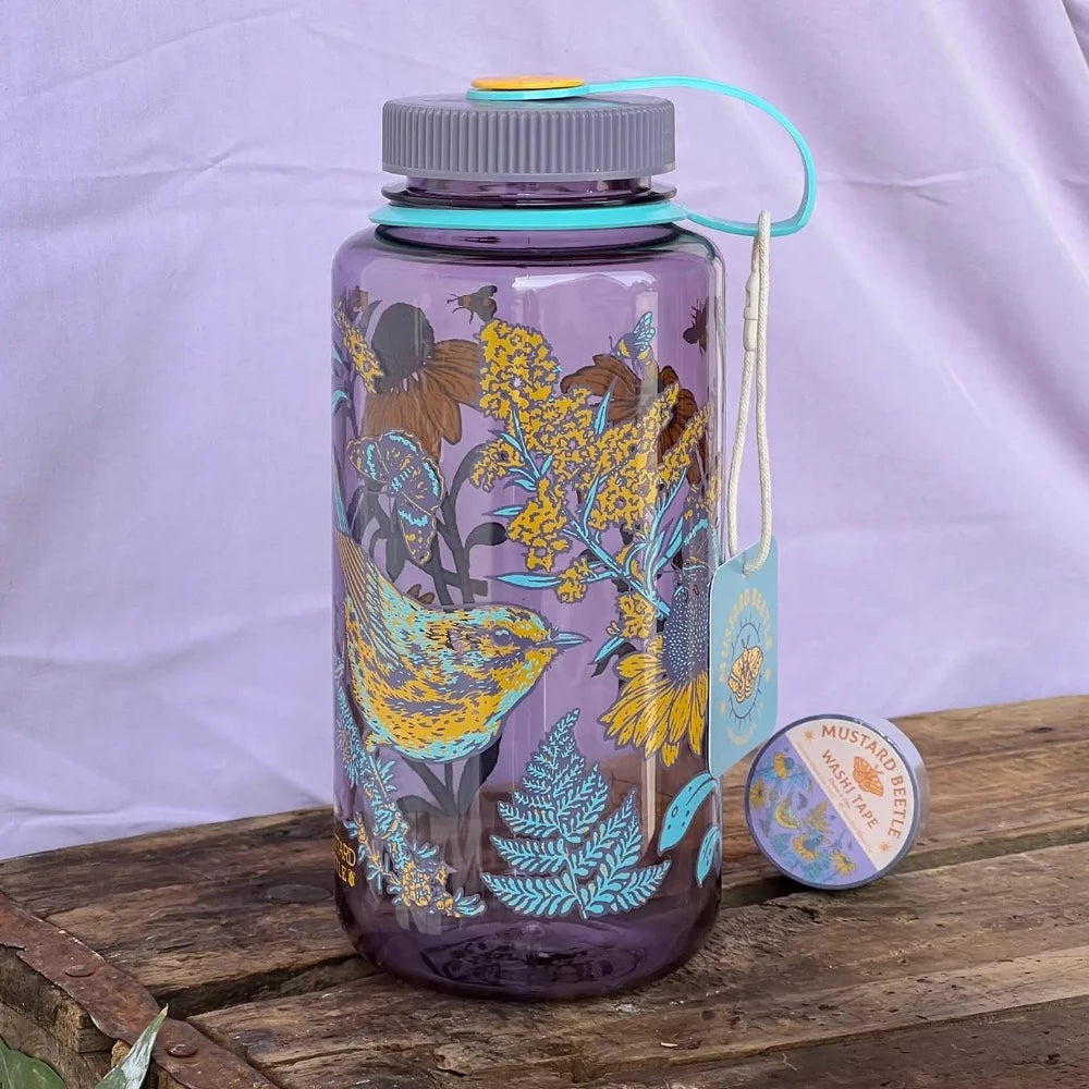 Mustard Beetle 32oz Nalgene bottle with the Prairie Warbler design, featuring a bird and flowers on a lavender colored Nalgene bottle.