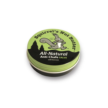 Squirrel's Nut Butter Anti-Chafe tin with logo on a neutral background.