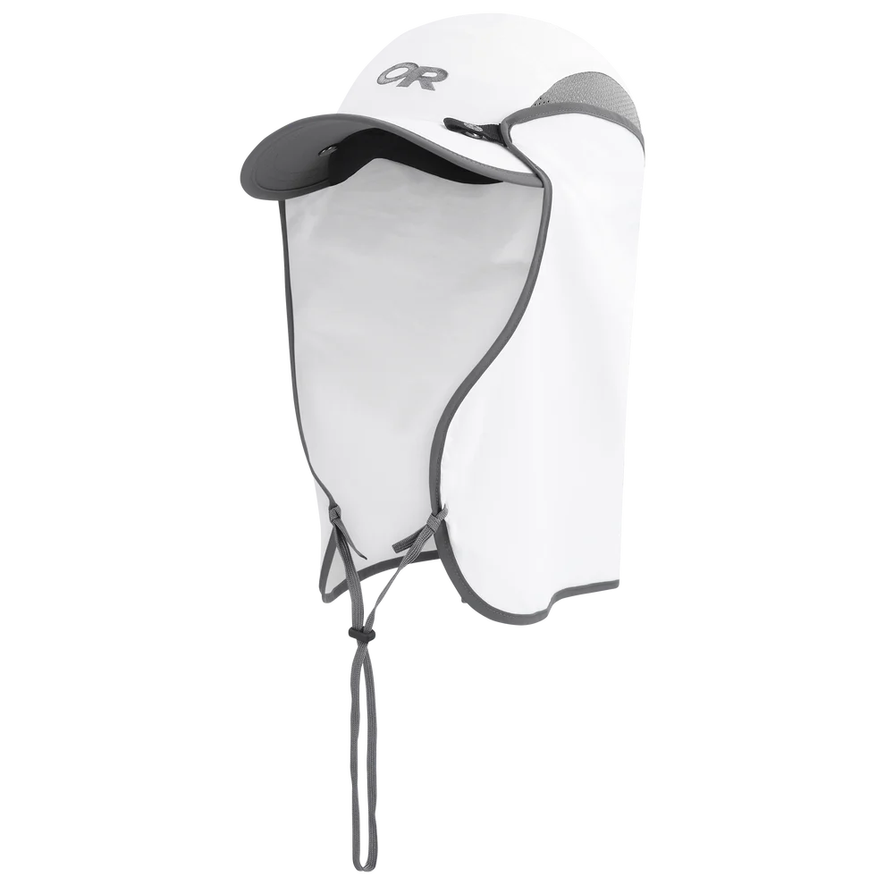 Outdoor Research Sun Runner Cap hiking hat in White/Dark Grey on a neutral background.