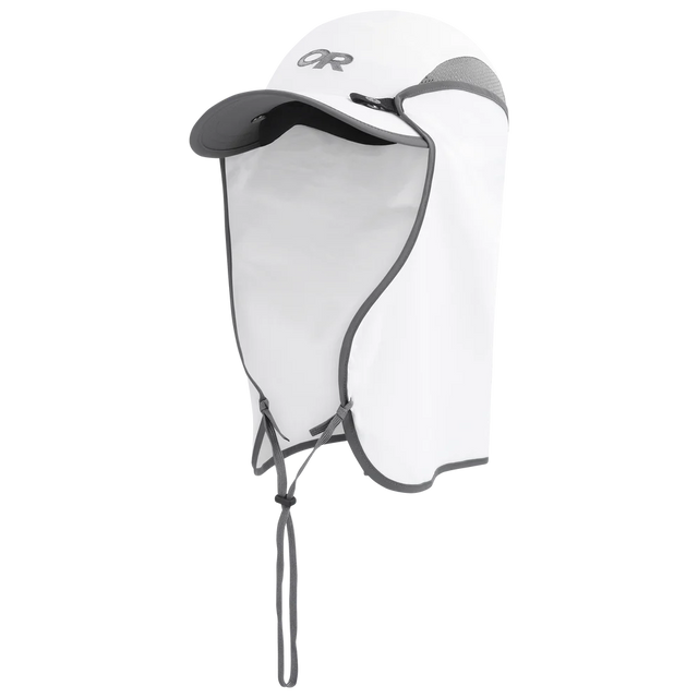 Outdoor Research Sun Runner Cap hiking hat in White/Dark Grey on a neutral background.