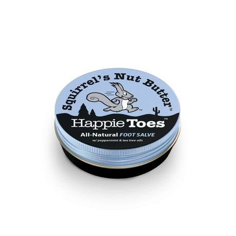 Squirrel's Nut Butter Happie Toes tin, showcasing product design and logo, intended for foot care and comfort.