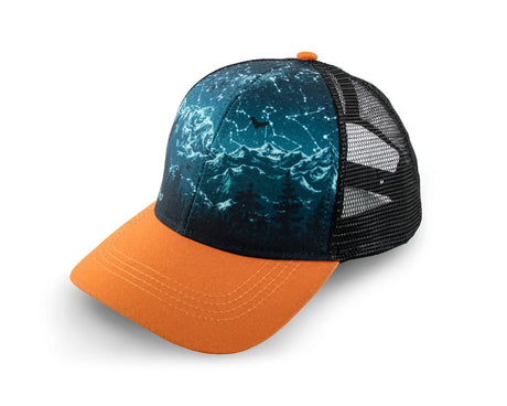 Alpinecho Stargazer Trucker Hat viewed from the front and showcasing the constellation and mountain design.