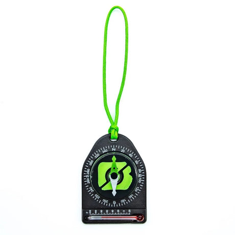 Brunton Tag-Along 9045 Chill ECO Compass features a black background and neon green cord lanyard with a Fahrenheit thermometer.