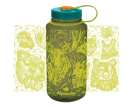 Wrap around woodcut wildlife design from Alpinecho, with many iconic North American animals, including a moose, bison, river otter, mountain goat, fox, bear, great horned owl, and pika.
