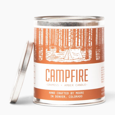Moore Campfire candle is soy-based, hand crafted in Denver, Colorado, and comes in a pint size can.