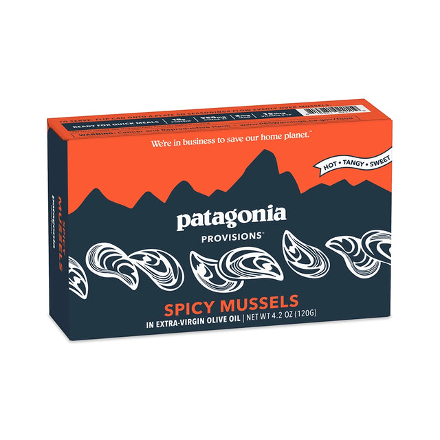 Patagonia Provisions Spicy Mussels tinned fish packaging on a neutral background.