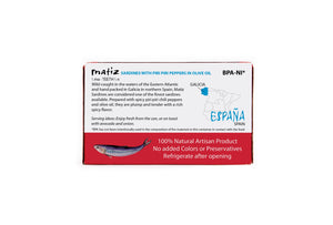 Matiz Wild Spicy Sardines with Piri Piri Peppers can packaging with text on a white background