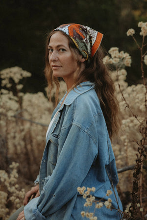 Bandits Creatures of the Night Bandana worn by a woman outdoors.