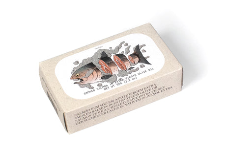 Box of Jose Gourmet Smoked Salmon in Extra Virgin Olive Oil with fish illustration on a white background