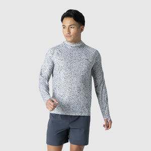 Outdoor Research Men's Echo Sun Hoodie in Oyster Traverse Print on a neutral background.