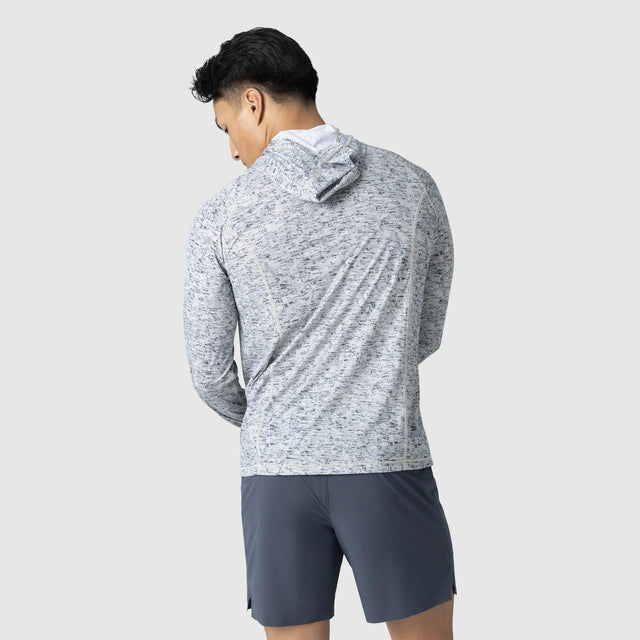 Outdoor Research Men's Echo Sun Hoodie in Oyster Traverse Print on a neutral background.