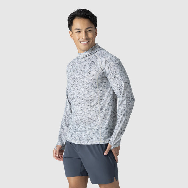 Outdoor Research Men's Echo Sun Hoodie in Oyster Traverse Print on a neutral background.
