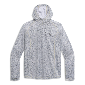 Outdoor Research Men's Echo Sun Hoodie in Oyster Traverse Print on a neutral background.