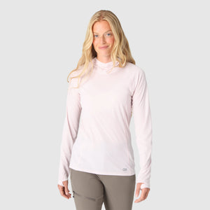Outdoor Research Women's Echo Sun Hoodie in Cherry Blossom on a neutral background.