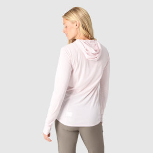 Outdoor Research Women's Echo Sun Hoodie in Cherry Blossom on a neutral background.