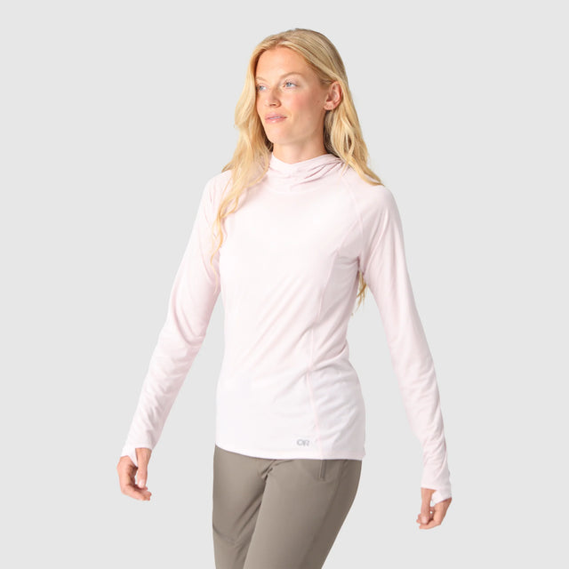 Outdoor Research Women's Echo Sun Hoodie in Cherry Blossom on a neutral background.